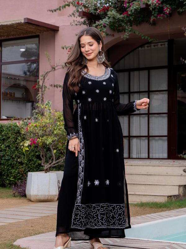 Poshak Hub Women Black georgette Aari work A-Line Kurta with Sharara