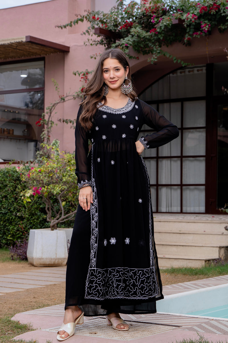 Poshak Hub Women Black georgette Aari work A-Line Kurta with Sharara