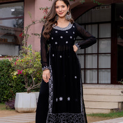 Poshak Hub Women Black georgette Aari work A-Line Kurta with Sharara