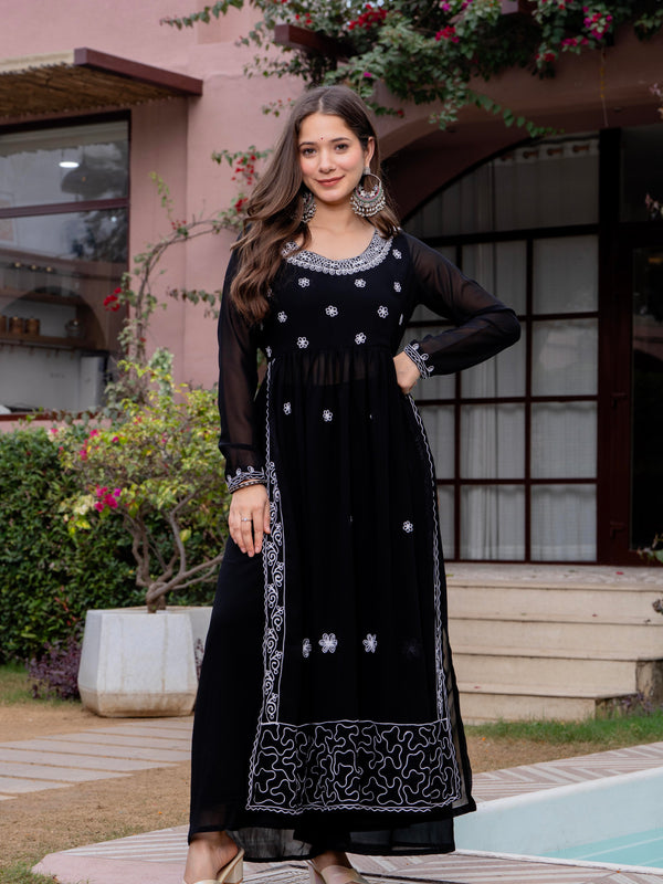 Poshak Hub Women Black georgette Aari work A-Line Kurta with Sharara