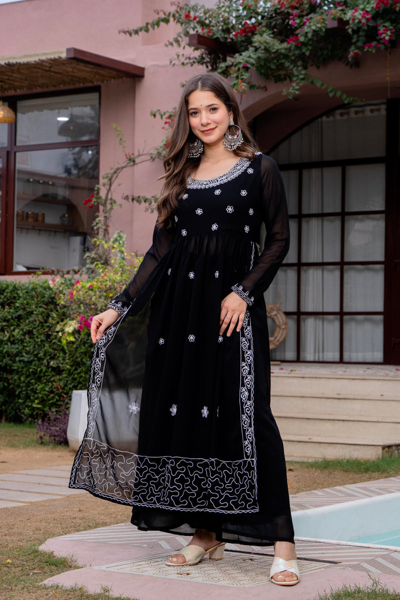Poshak Hub Women Black georgette Aari work A-Line Kurta with Sharara