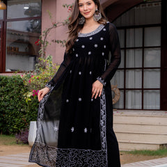 Poshak Hub Women Black georgette Aari work A-Line Kurta with Sharara