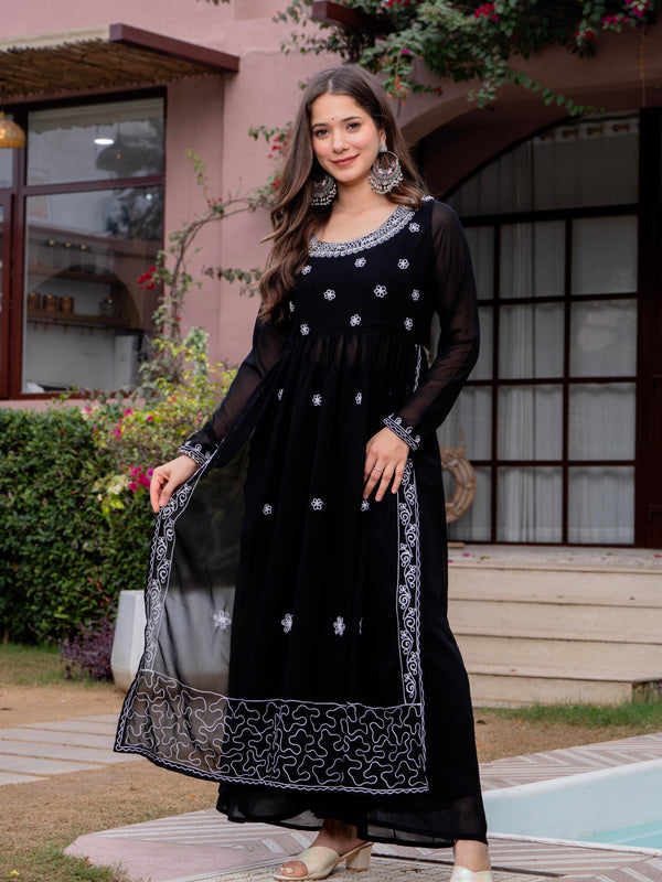 Poshak Hub Women Black georgette Aari work A-Line Kurta with Sharara