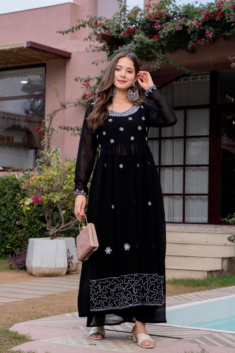 Poshak Hub Women Black georgette Aari work A-Line Kurta with Sharara