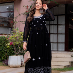 Poshak Hub Women Black georgette Aari work A-Line Kurta with Sharara