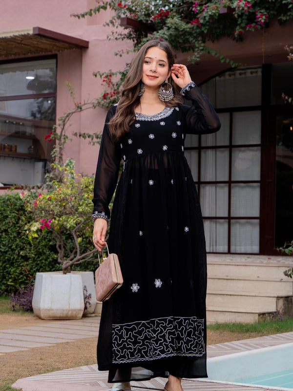 Poshak Hub Women Black georgette Aari work A-Line Kurta with Sharara