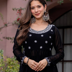 Poshak Hub Women Black georgette Aari work A-Line Kurta with Sharara
