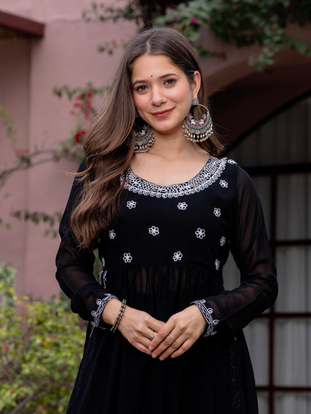 Poshak Hub Women Black georgette Aari work A-Line Kurta with Sharara