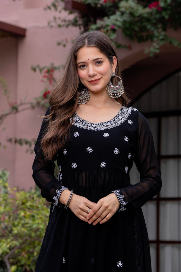 Poshak Hub Women Black georgette Aari work A-Line Kurta with Sharara