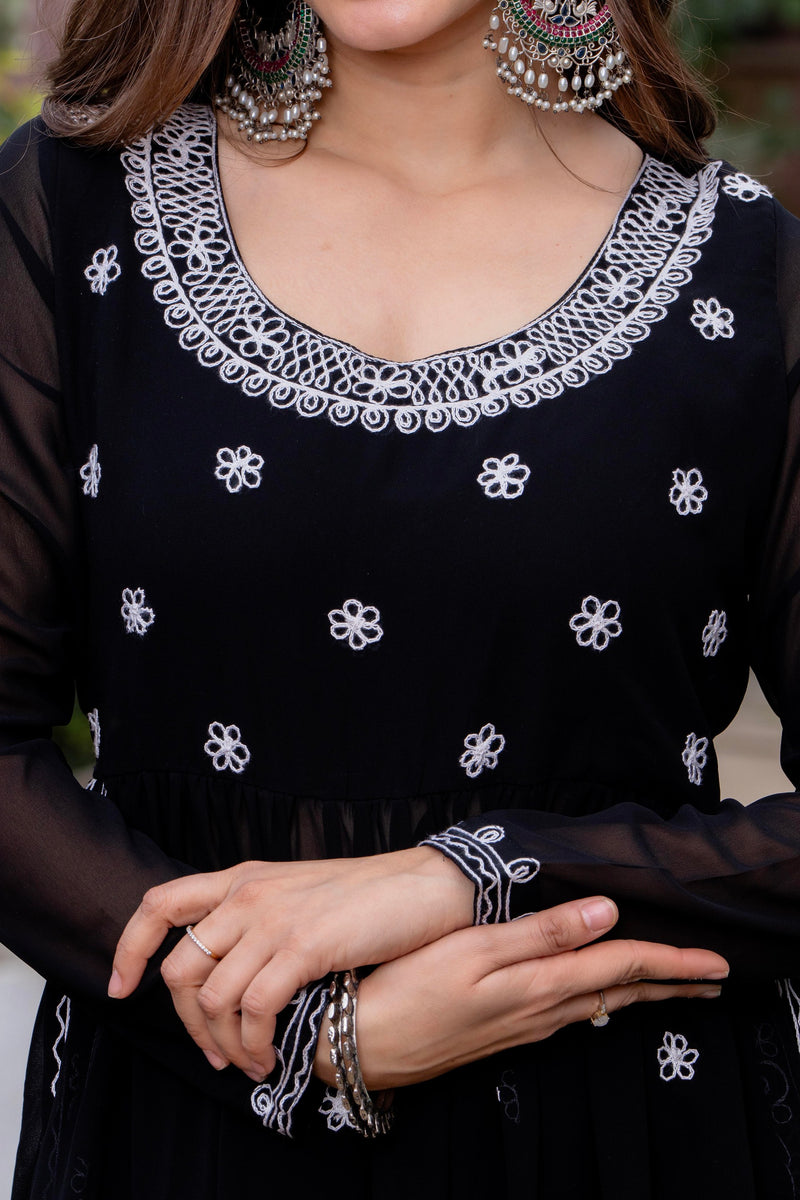 Poshak Hub Women Black georgette Aari work A-Line Kurta with Sharara