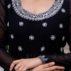 Poshak Hub Women Black georgette Aari work A-Line Kurta with Sharara