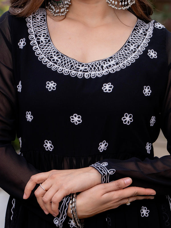 Poshak Hub Women Black georgette Aari work A-Line Kurta with Sharara