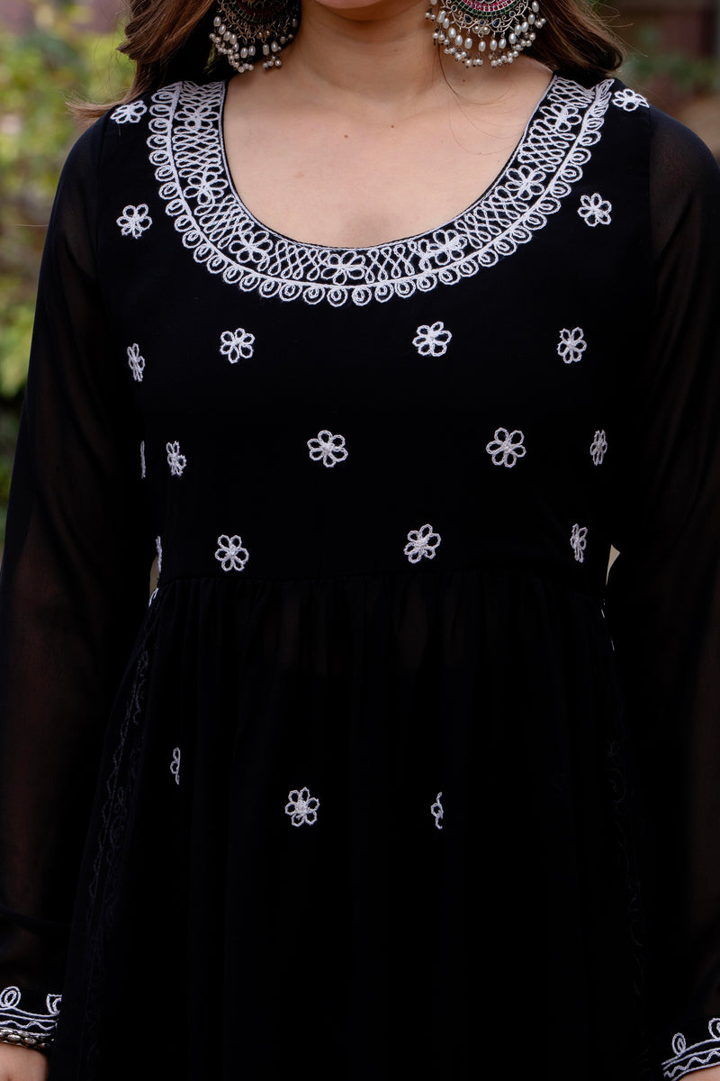 Poshak Hub Women Black georgette Aari work A-Line Kurta with Sharara