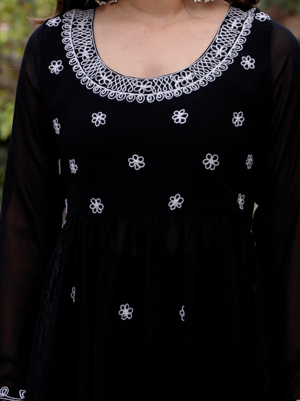 Poshak Hub Women Black georgette Aari work A-Line Kurta with Sharara