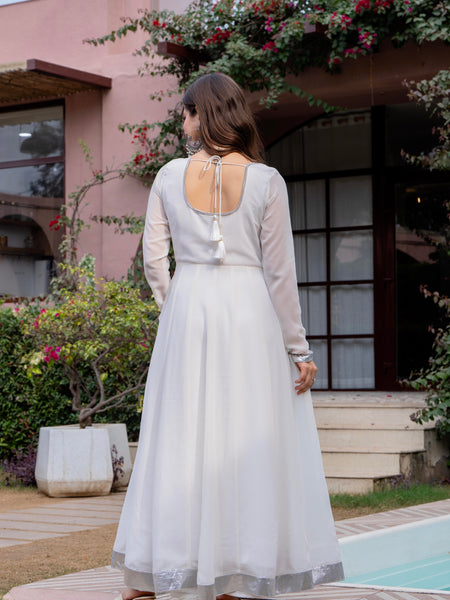 Poshak Hub Women Off-White Georgette Hand Embroidery Anarkali Kurta