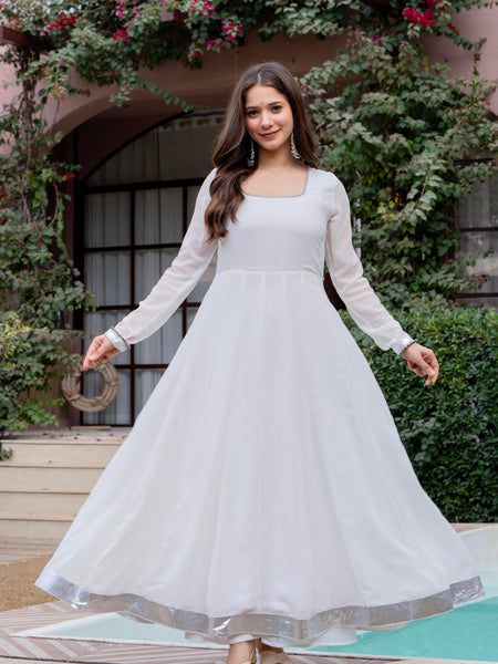 Poshak Hub Women Off-White Georgette Hand Embroidery Anarkali Kurta