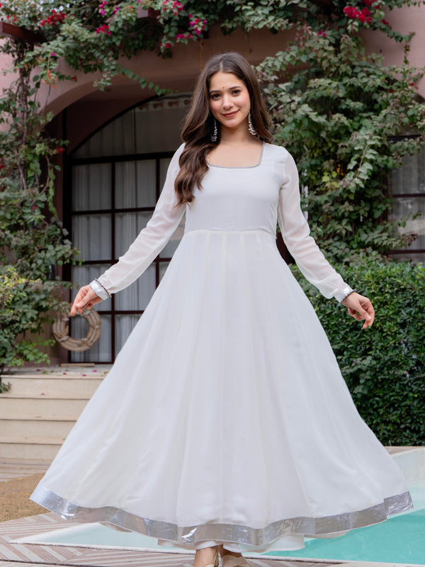 Poshak Hub Women Off-White Georgette Hand Embroidery Anarkali Kurta