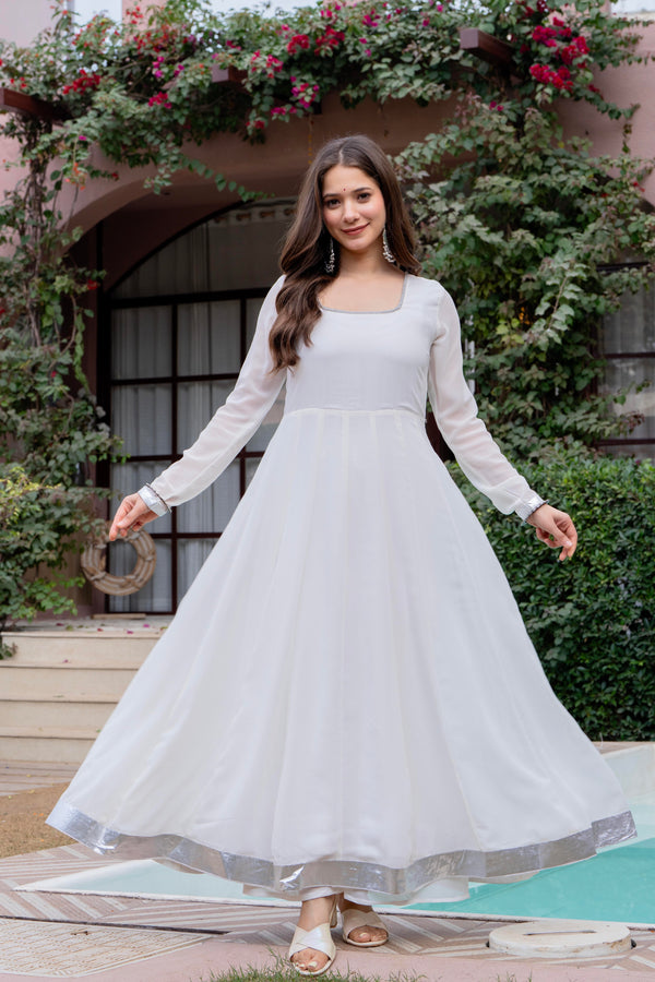 Poshak Hub Women Off-White Georgette Hand Embroidery Anarkali Kurta