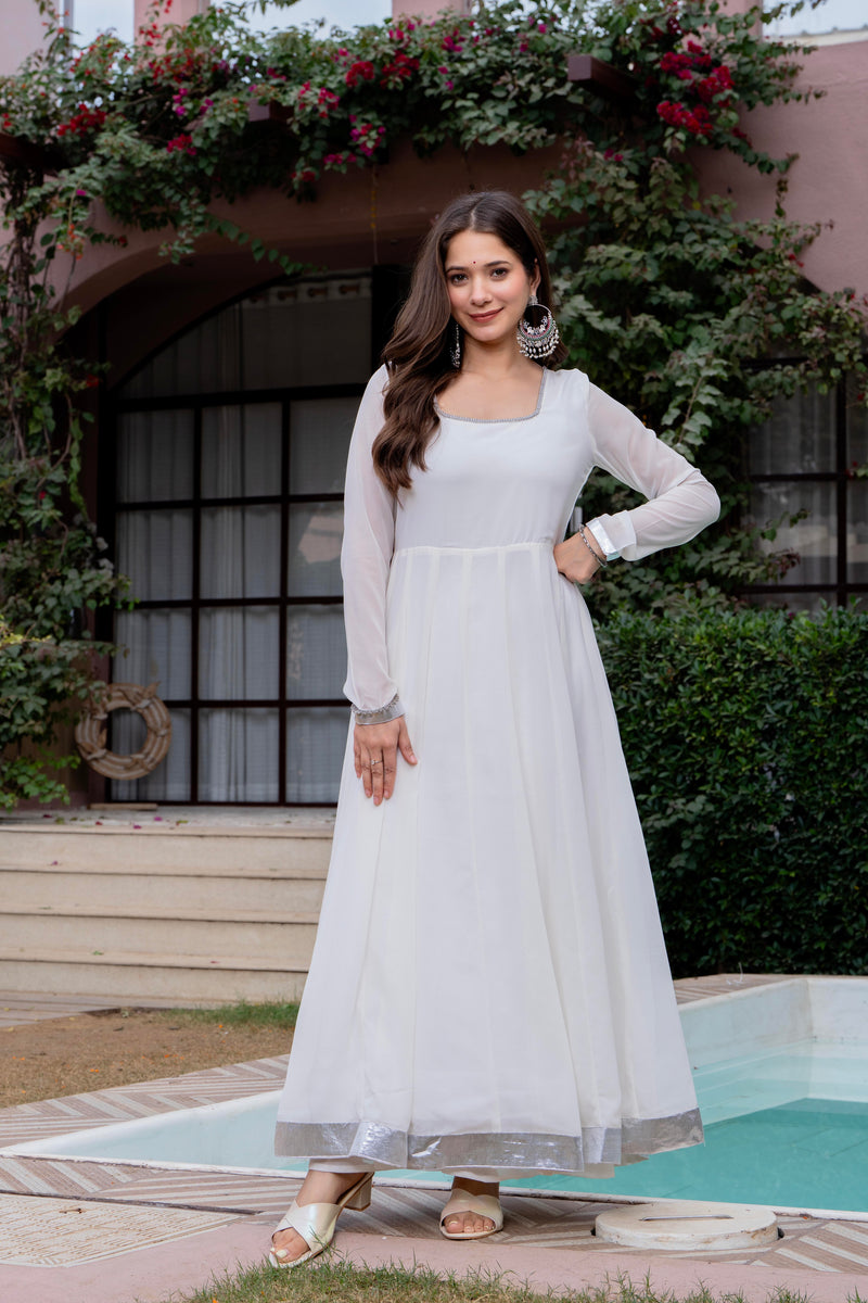 Poshak Hub Women Off-White Georgette Hand Embroidery Anarkali Kurta