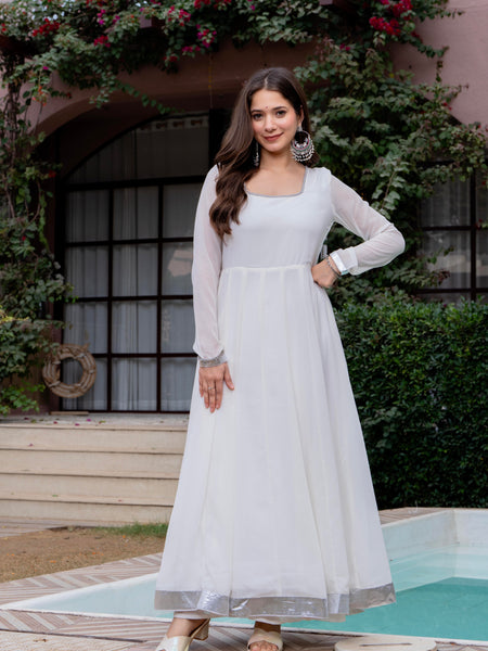 Poshak Hub Women Off-White Georgette Hand Embroidery Anarkali Kurta