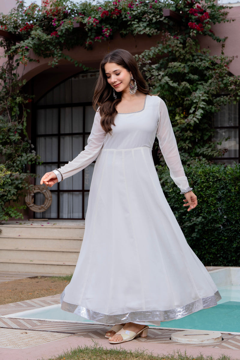 Poshak Hub Women Off-White Georgette Hand Embroidery Anarkali Kurta