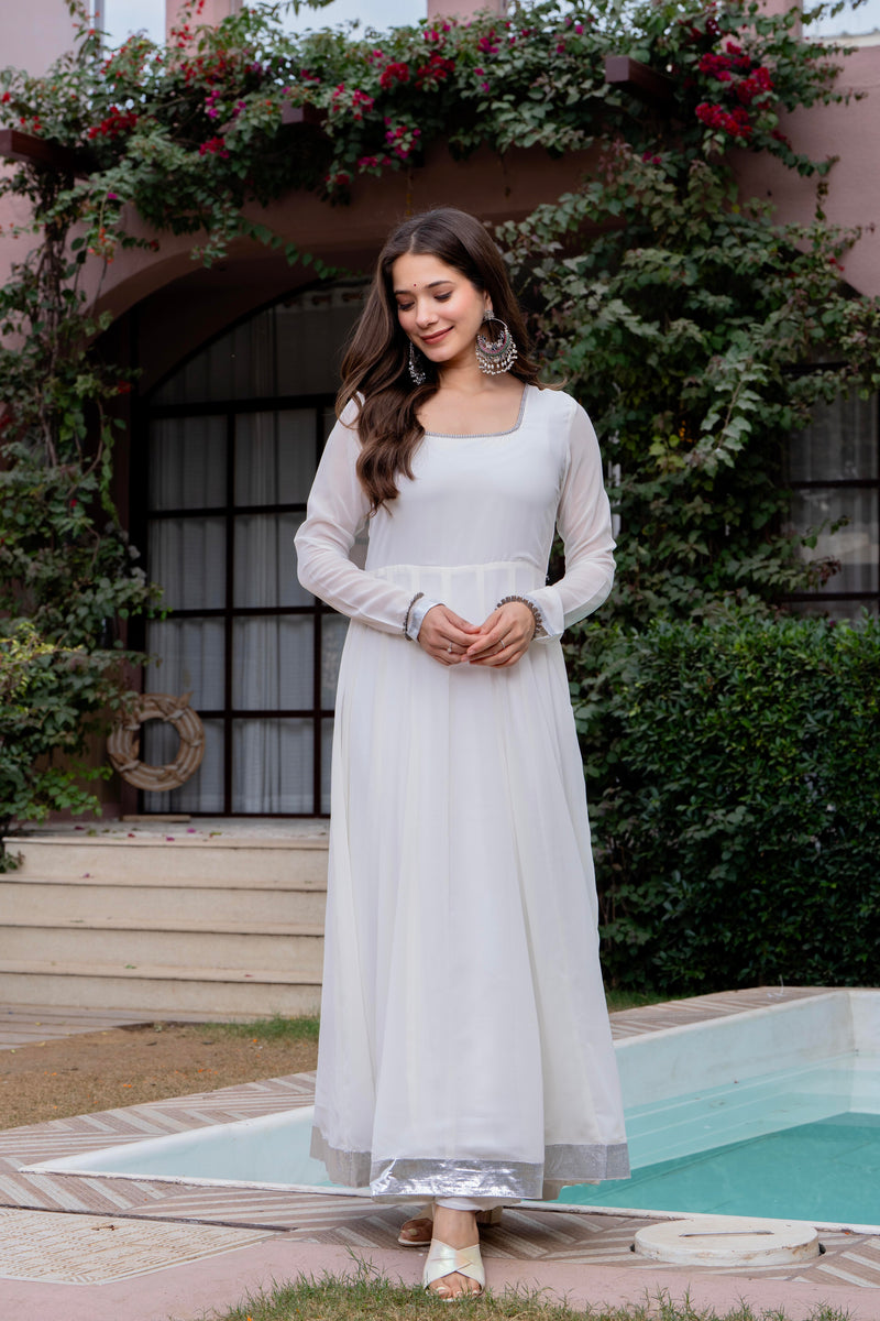 Poshak Hub Women Off-White Georgette Hand Embroidery Anarkali Kurta