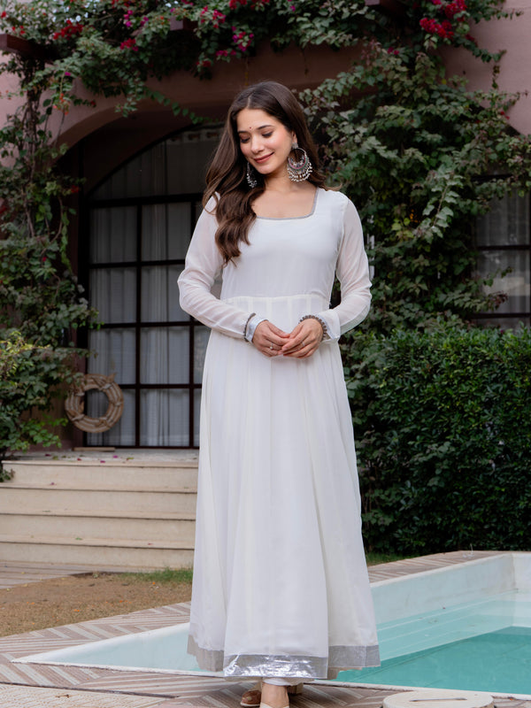 Poshak Hub Women Off-White Georgette Hand Embroidery Anarkali Kurta