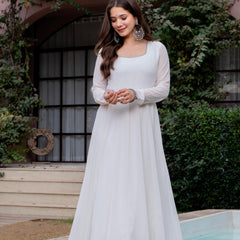 Poshak Hub Women Off-White Georgette Hand Embroidery Anarkali Kurta