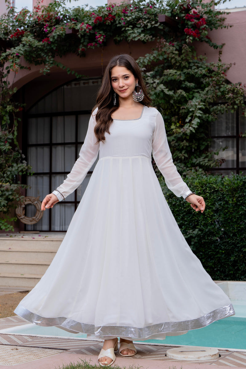 Poshak Hub Women Off-White Georgette Hand Embroidery Anarkali Kurta