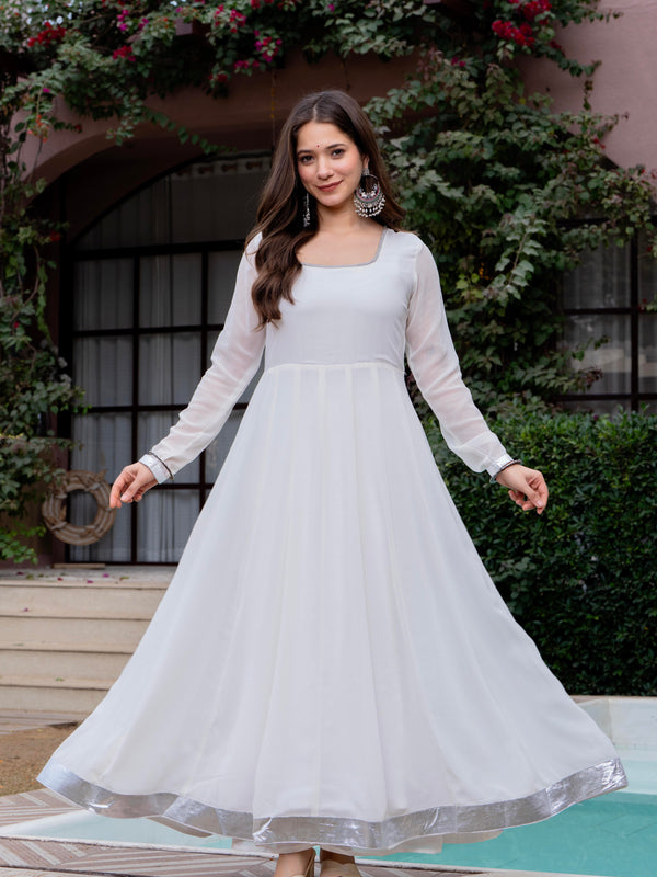 Poshak Hub Women Off-White Georgette Hand Embroidery Anarkali Kurta