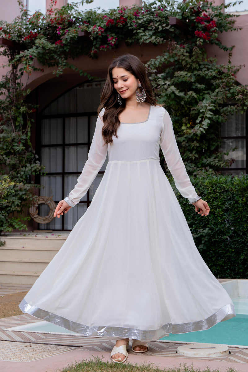 Poshak Hub Women Off-White Georgette Hand Embroidery Anarkali Kurta