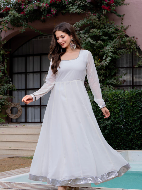 Poshak Hub Women Off-White Georgette Hand Embroidery Anarkali Kurta
