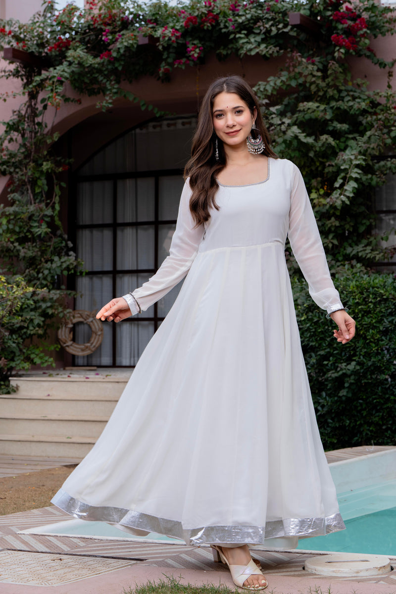 Poshak Hub Women Off-White Georgette Hand Embroidery Anarkali Kurta