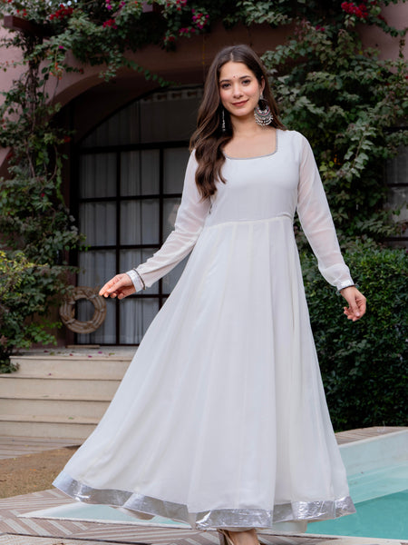 Poshak Hub Women Off-White Georgette Hand Embroidery Anarkali Kurta