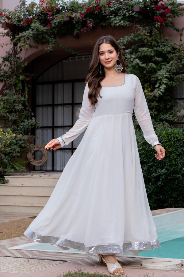 Poshak Hub Women Off-White Georgette Hand Embroidery Anarkali Kurta