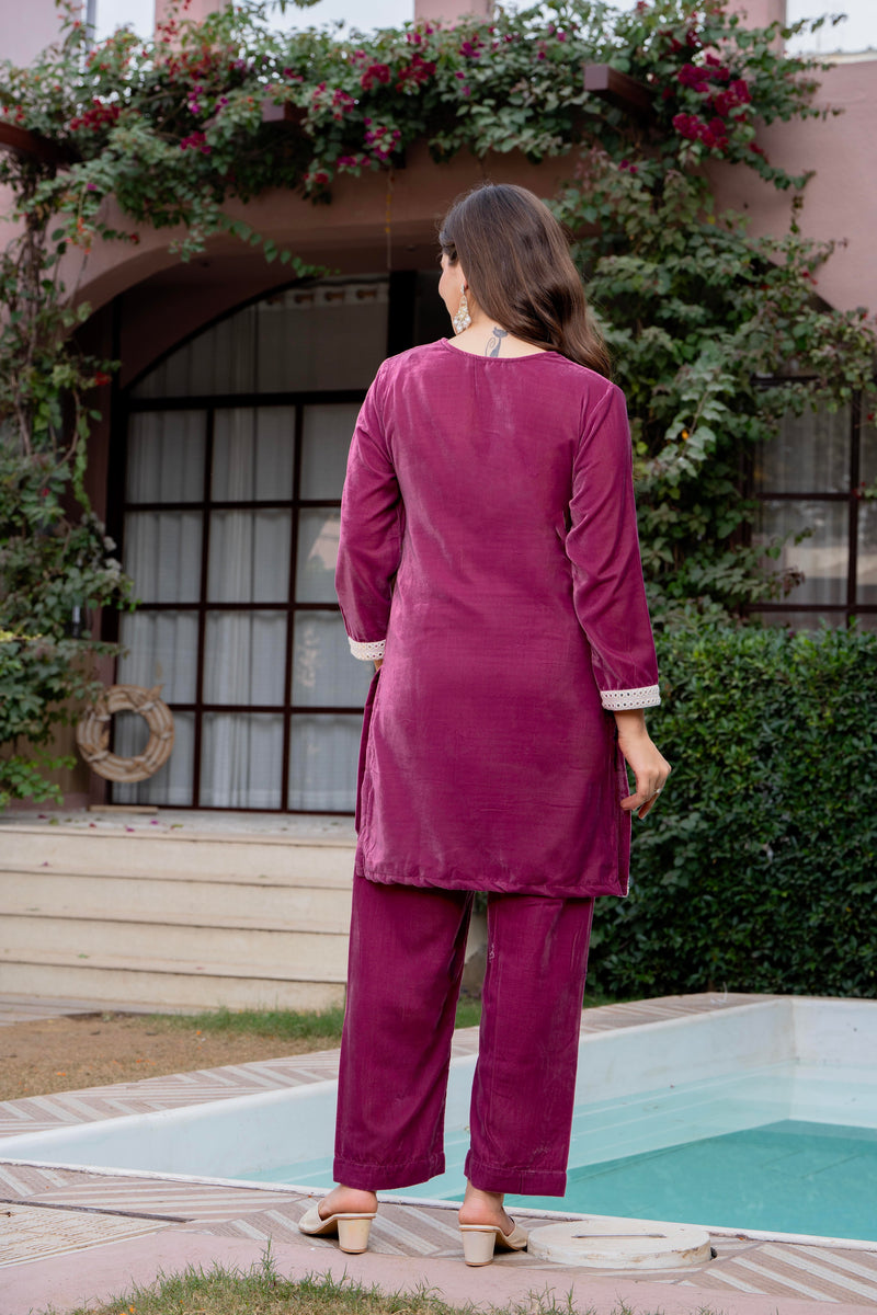 Poshak Hub Women Peach Mirror Work Embroidery Velvet Tunic with Trouser Co-ord Set