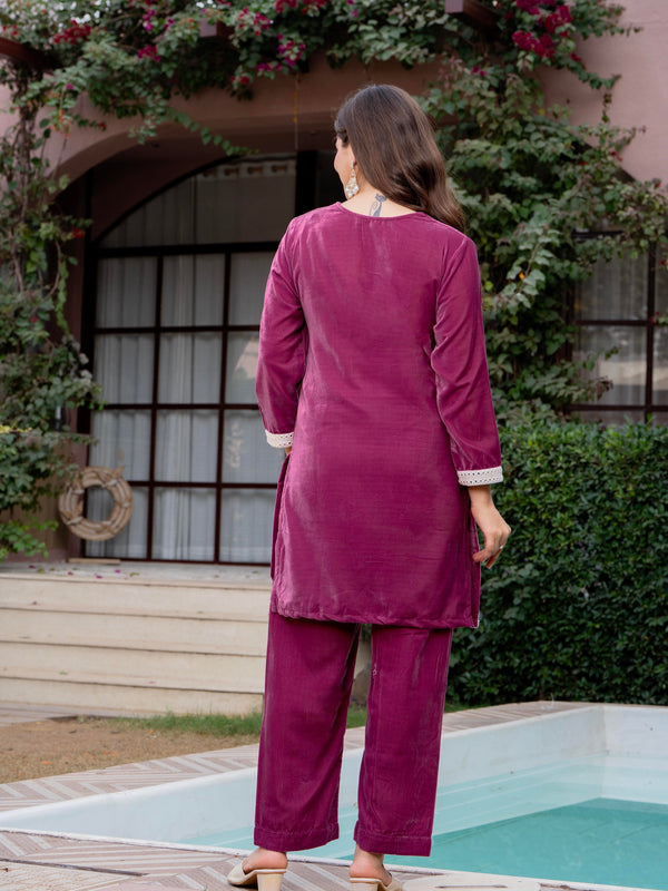 Poshak Hub Women Peach Mirror Work Embroidery Velvet Tunic with Trouser Co-ord Set