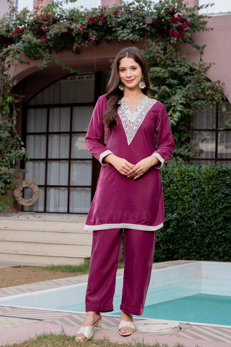 Poshak Hub Women Peach Mirror Work Embroidery Velvet Tunic with Trouser Co-ord Set