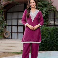 Poshak Hub Women Peach Mirror Work Embroidery Velvet Tunic with Trouser Co-ord Set