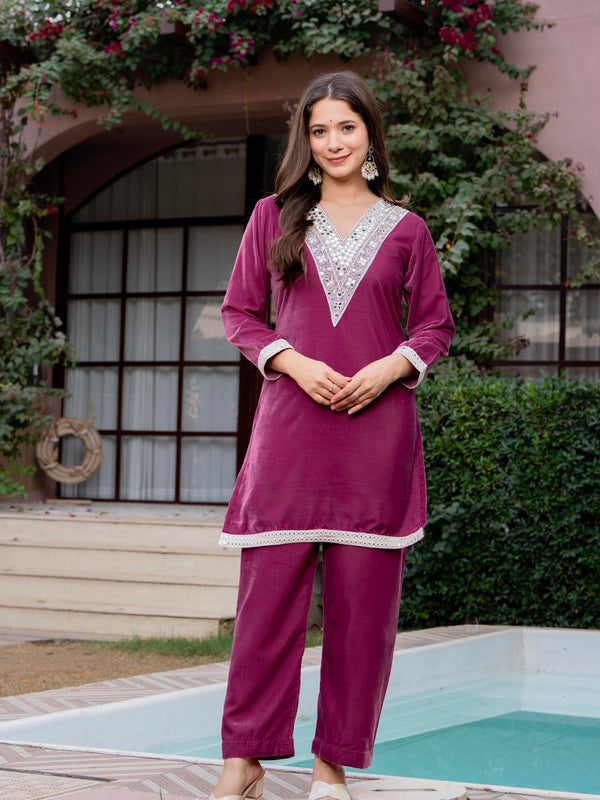 Poshak Hub Women Peach Mirror Work Embroidery Velvet Tunic with Trouser Co-ord Set