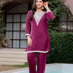 Poshak Hub Women Peach Mirror Work Embroidery Velvet Tunic with Trouser Co-ord Set
