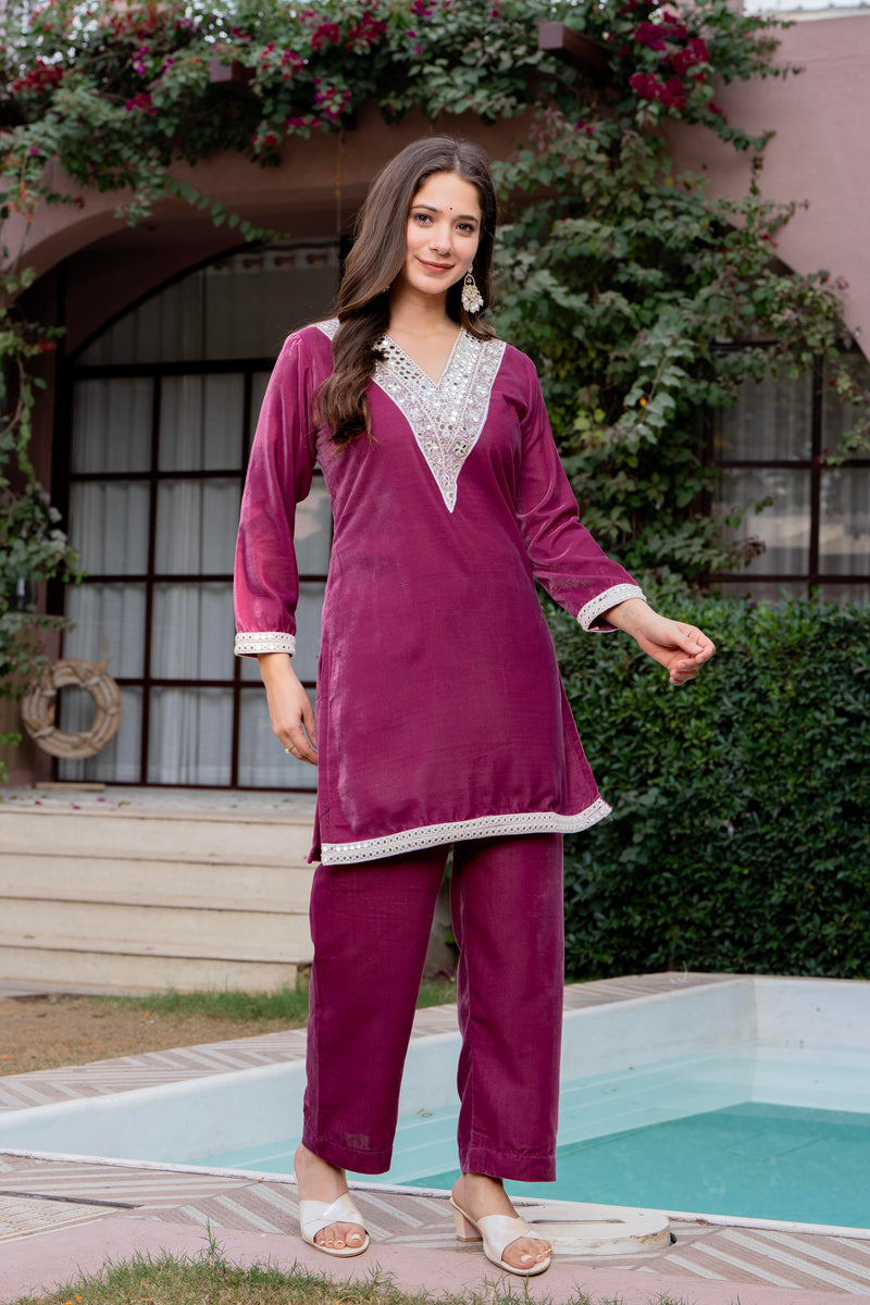 Poshak Hub Women Peach Mirror Work Embroidery Velvet Tunic with Trouser Co-ord Set