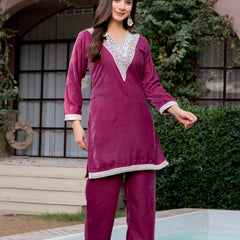 Poshak Hub Women Peach Mirror Work Embroidery Velvet Tunic with Trouser Co-ord Set