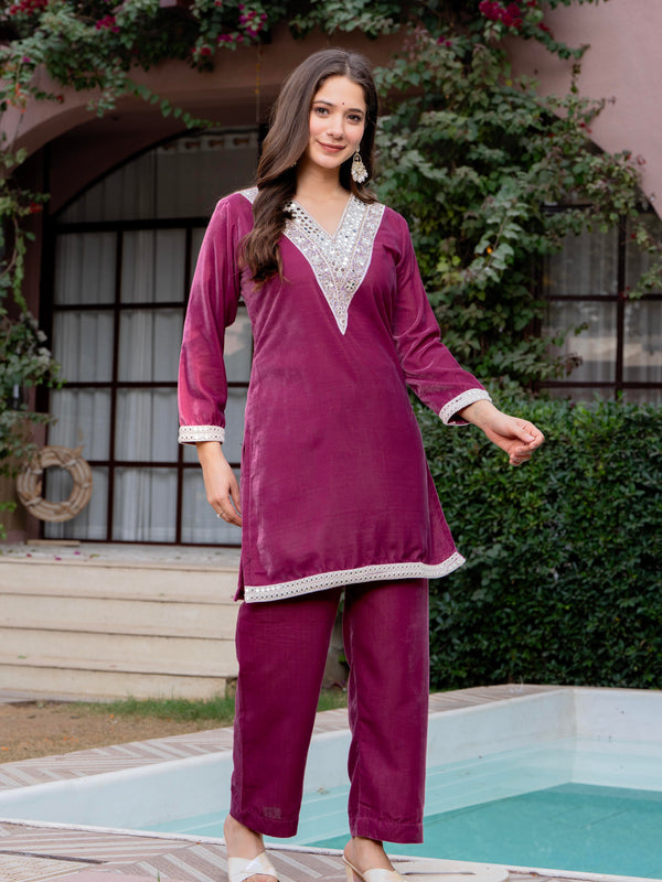 Poshak Hub Women Peach Mirror Work Embroidery Velvet Tunic with Trouser Co-ord Set