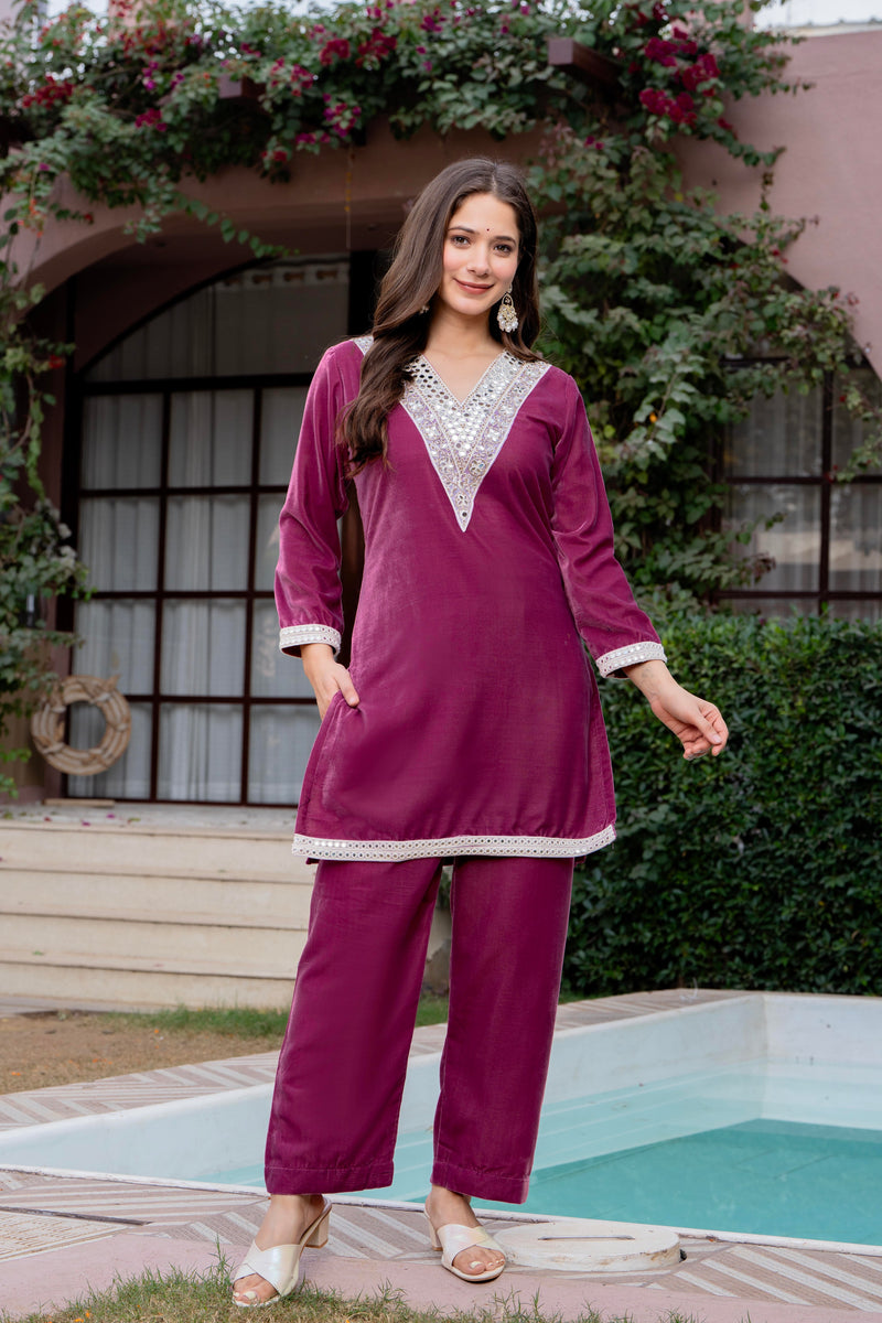 Poshak Hub Women Peach Mirror Work Embroidery Velvet Tunic with Trouser Co-ord Set