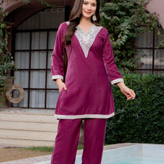 Poshak Hub Women Peach Mirror Work Embroidery Velvet Tunic with Trouser Co-ord Set