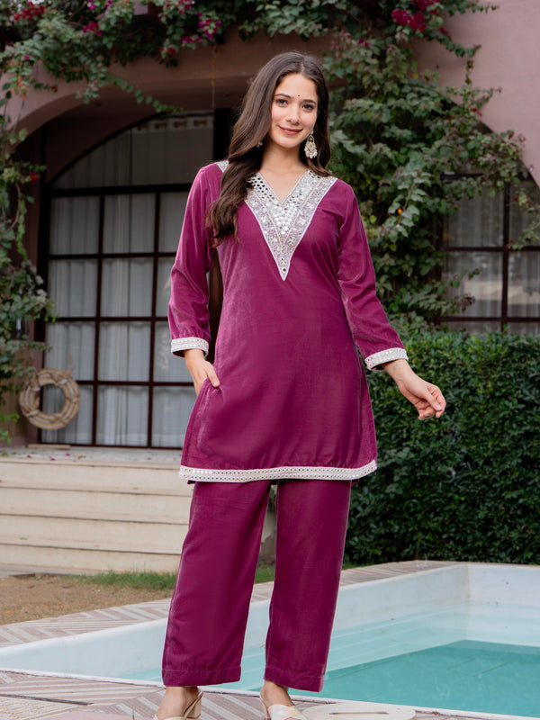 Poshak Hub Women Peach Mirror Work Embroidery Velvet Tunic with Trouser Co-ord Set