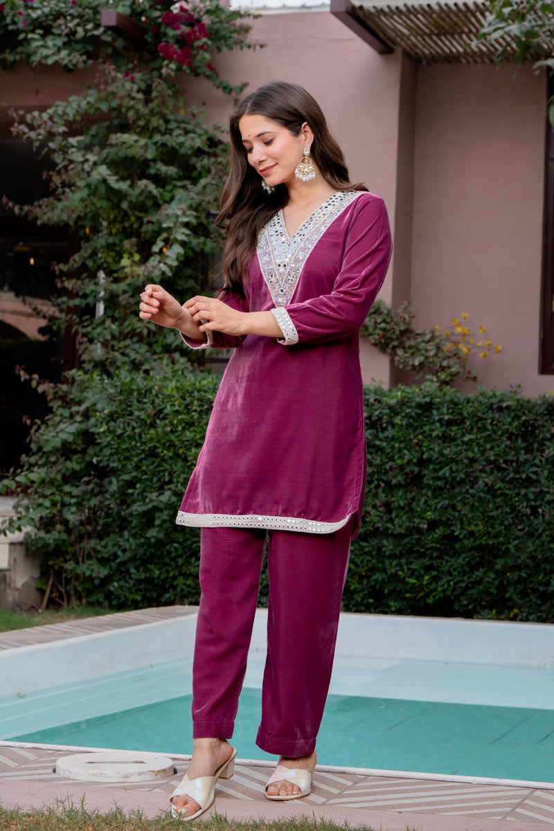 Poshak Hub Women Peach Mirror Work Embroidery Velvet Tunic with Trouser Co-ord Set