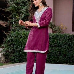 Poshak Hub Women Peach Mirror Work Embroidery Velvet Tunic with Trouser Co-ord Set