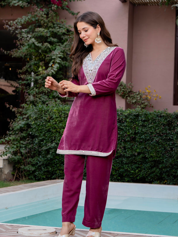 Poshak Hub Women Peach Mirror Work Embroidery Velvet Tunic with Trouser Co-ord Set